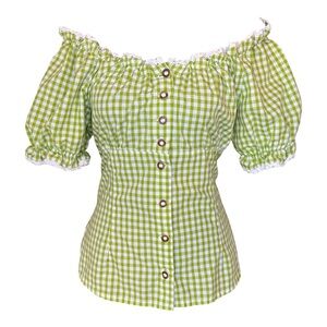 Vintage Green Gingham Off The Shoulder Trachten Folk Top - Womens Size 10